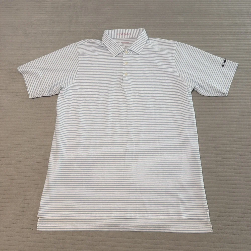 B. Draddy Polo Shirt Men's Large Blue Short Sleeve Golf Stretch Casual Striped